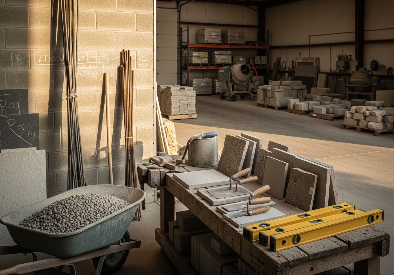 Construction crew and masonry tools on a residential hardscape project site, showcasing professional equipment and materials.