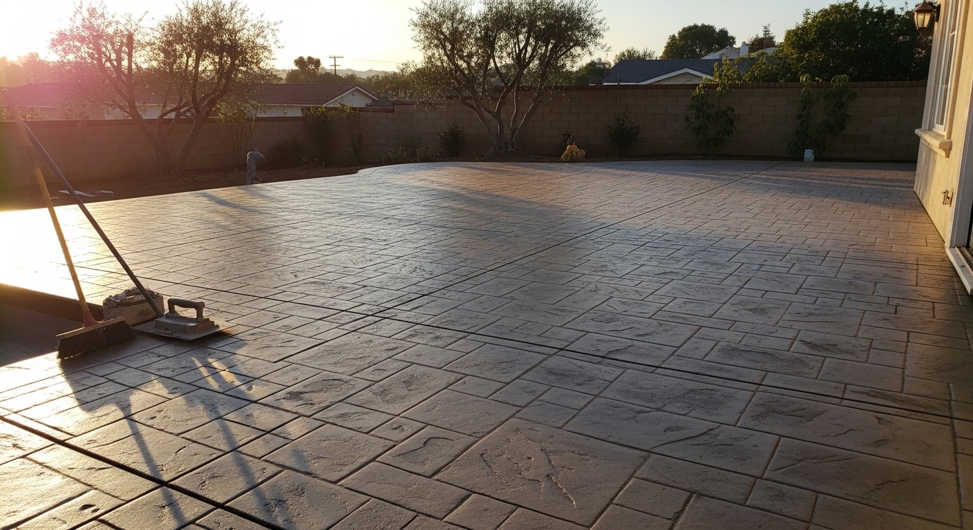 Finished concrete driveway with stamped pattern in Santa Monica residential area