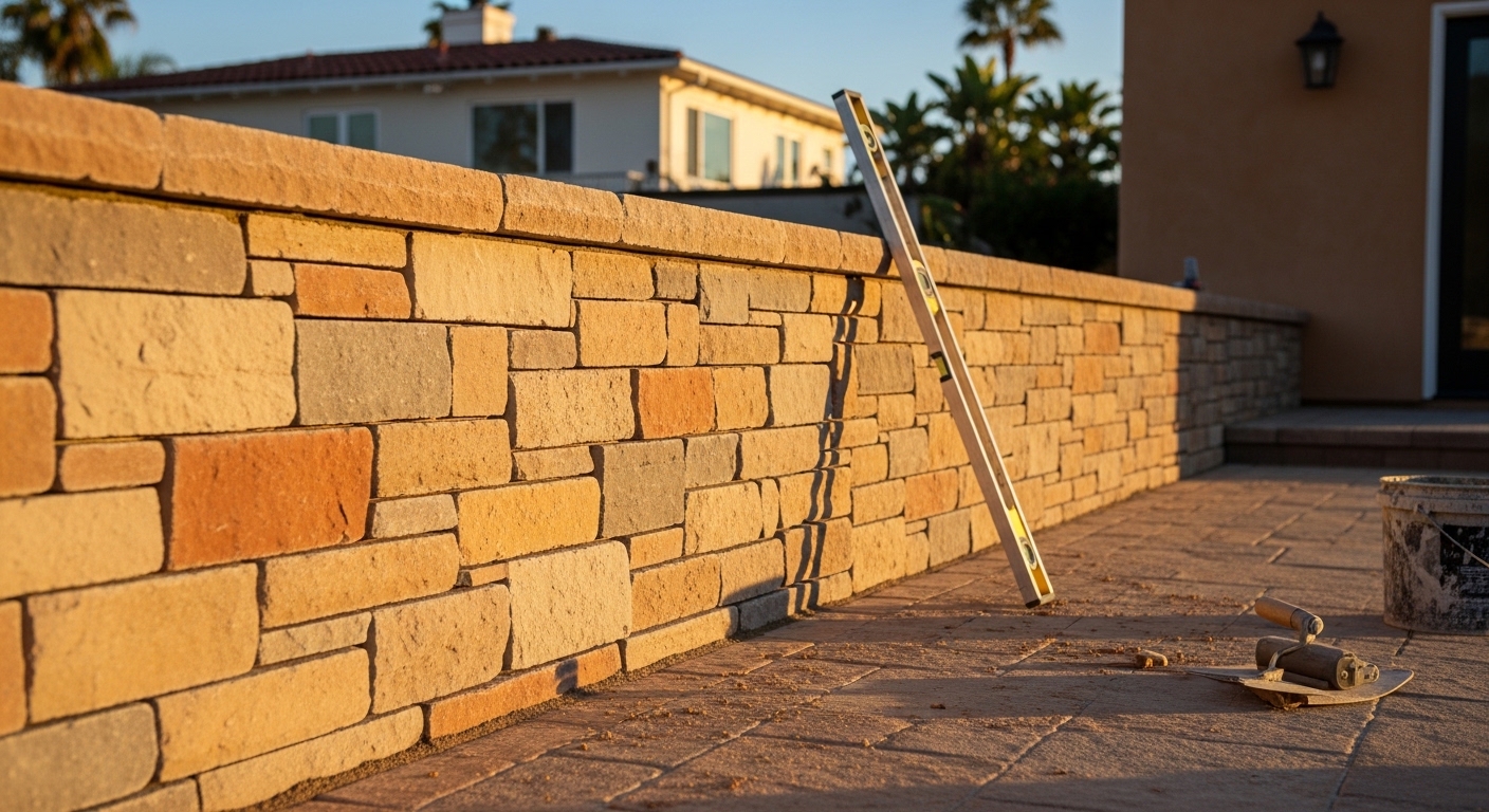 Brick and stone masonry wall in Pacific Palisades residential setting
