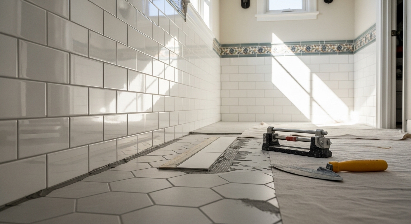 Professional tile installation on exterior patio in Brentwood home
