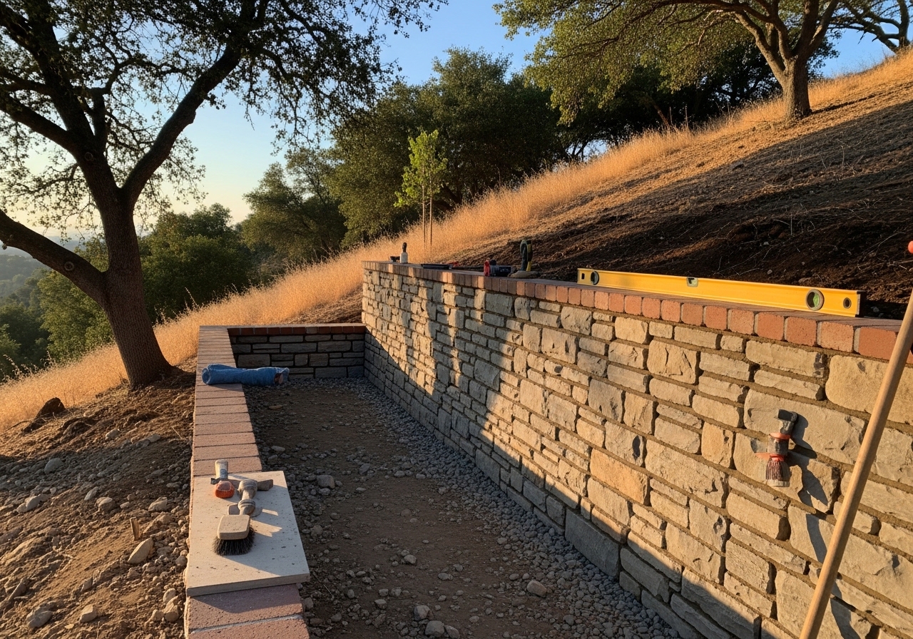 Long retaining wall with stone veneer facing stepping down a Brentwood hillside