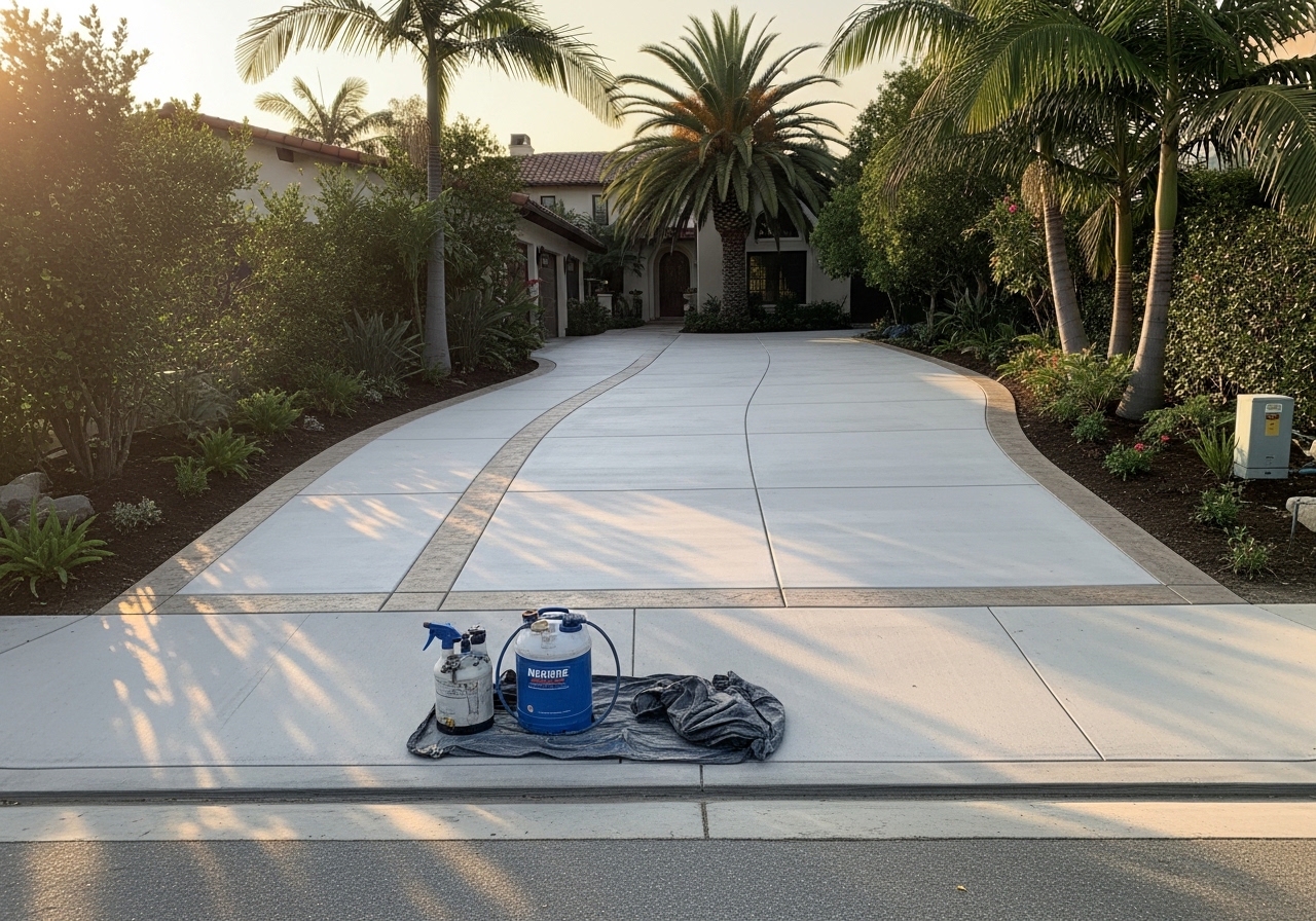 Broom-finish concrete driveway and front walkway, Santa Monica coastal home
