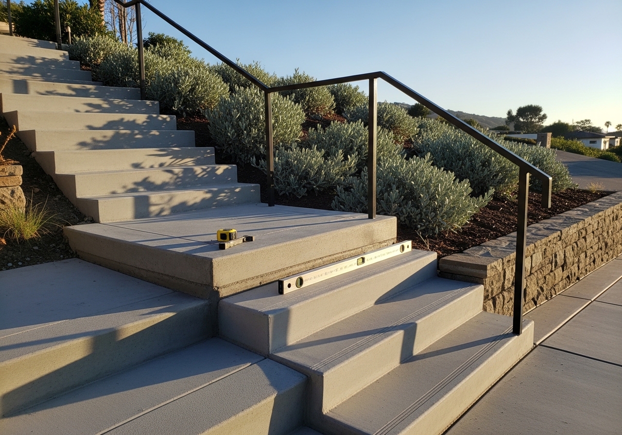 Concrete steps with landing and steel handrail on hillside, Malibu residential entrance