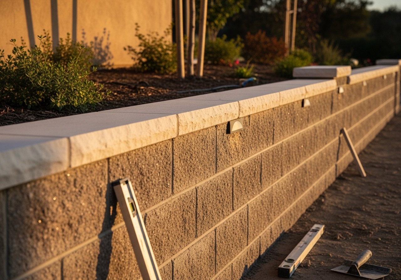 Decorative concrete block wall with stone cap and integrated lighting, Encino property entrance