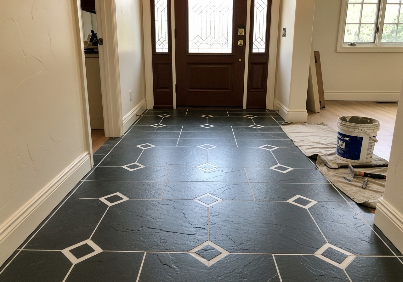 Slate tile entryway and foyer in neutral gray tones, Hancock Park historic home interior