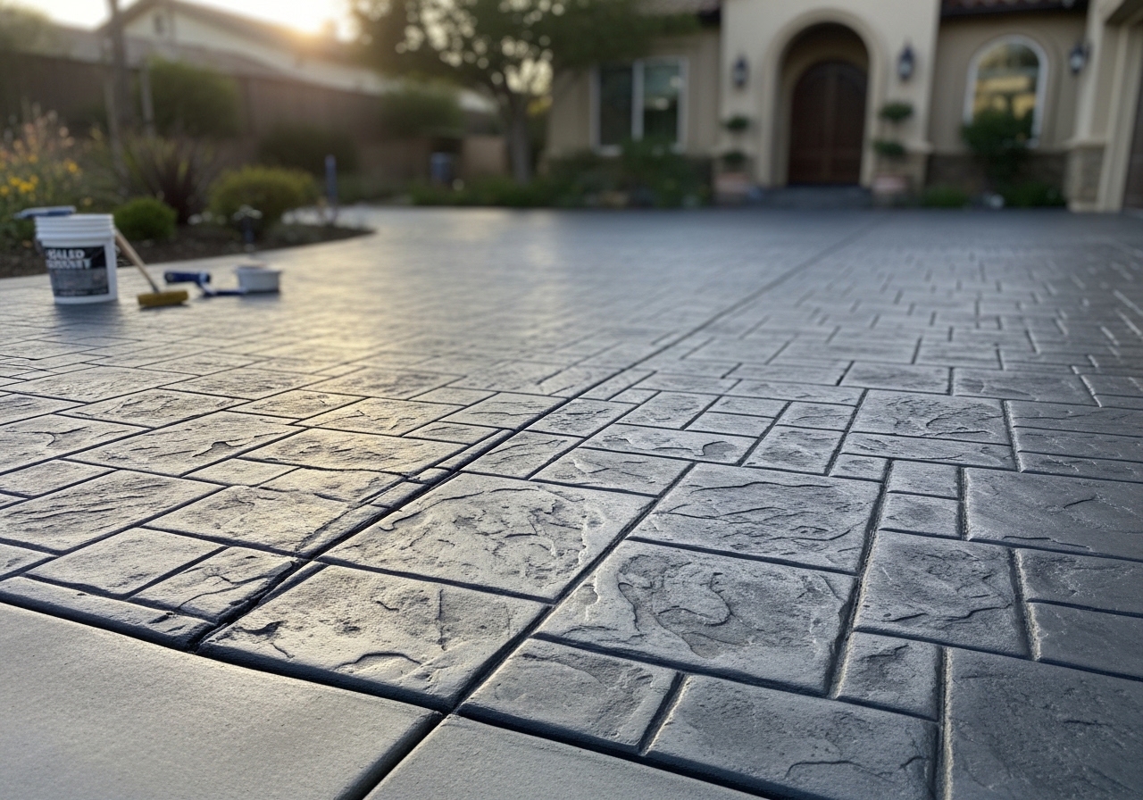 Slate-pattern stamped concrete driveway in charcoal gray, Pacific Palisades residential property