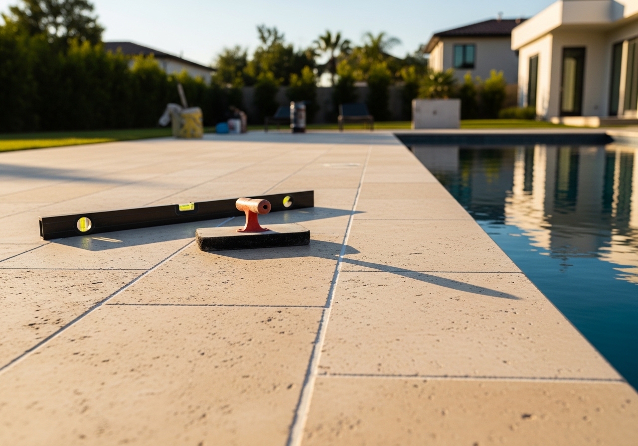 Travertine tile pool deck in warm beige tones, Beverly Hills residential pool area