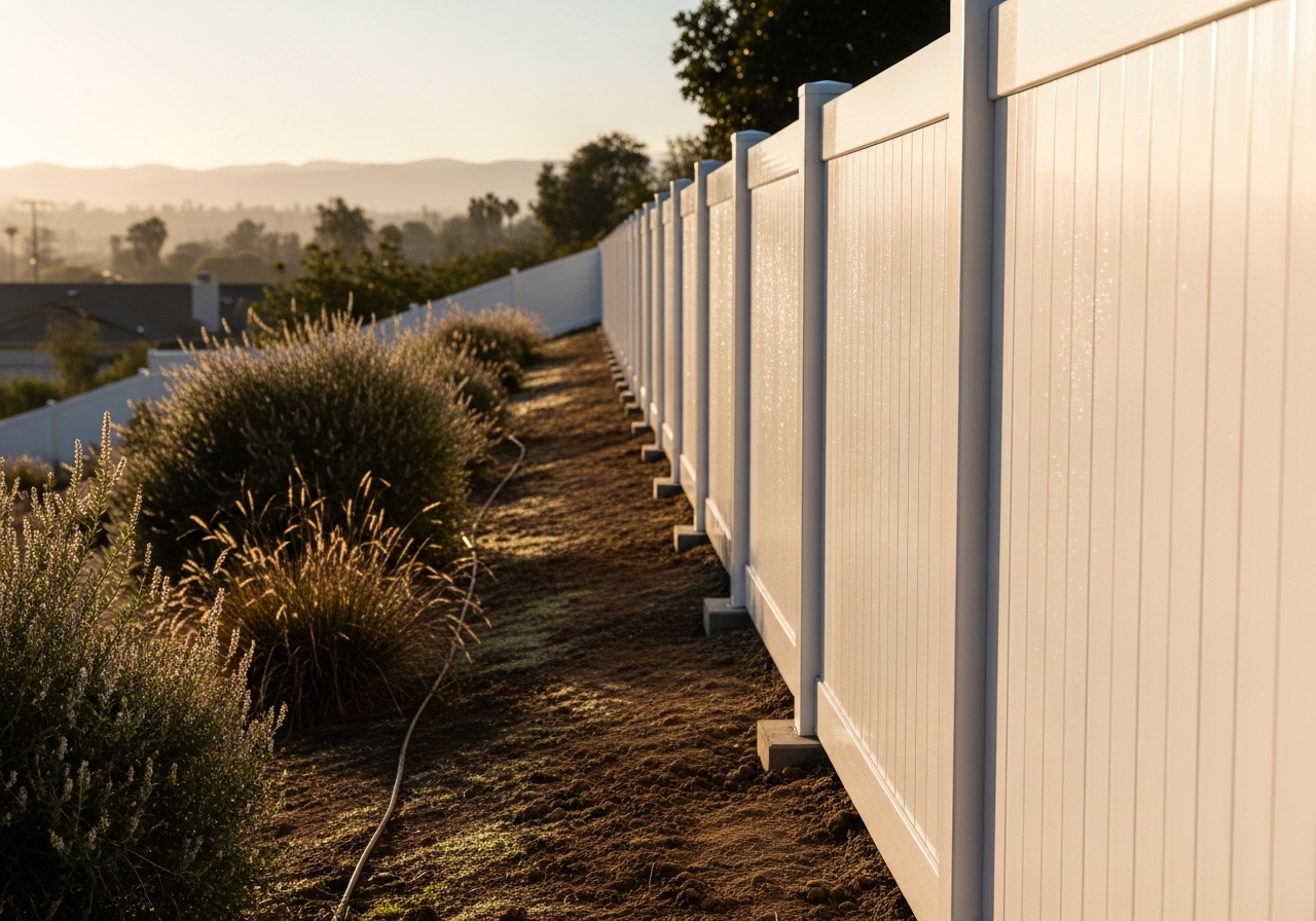 White vinyl fence with concrete footings on residential property, Van Nuys