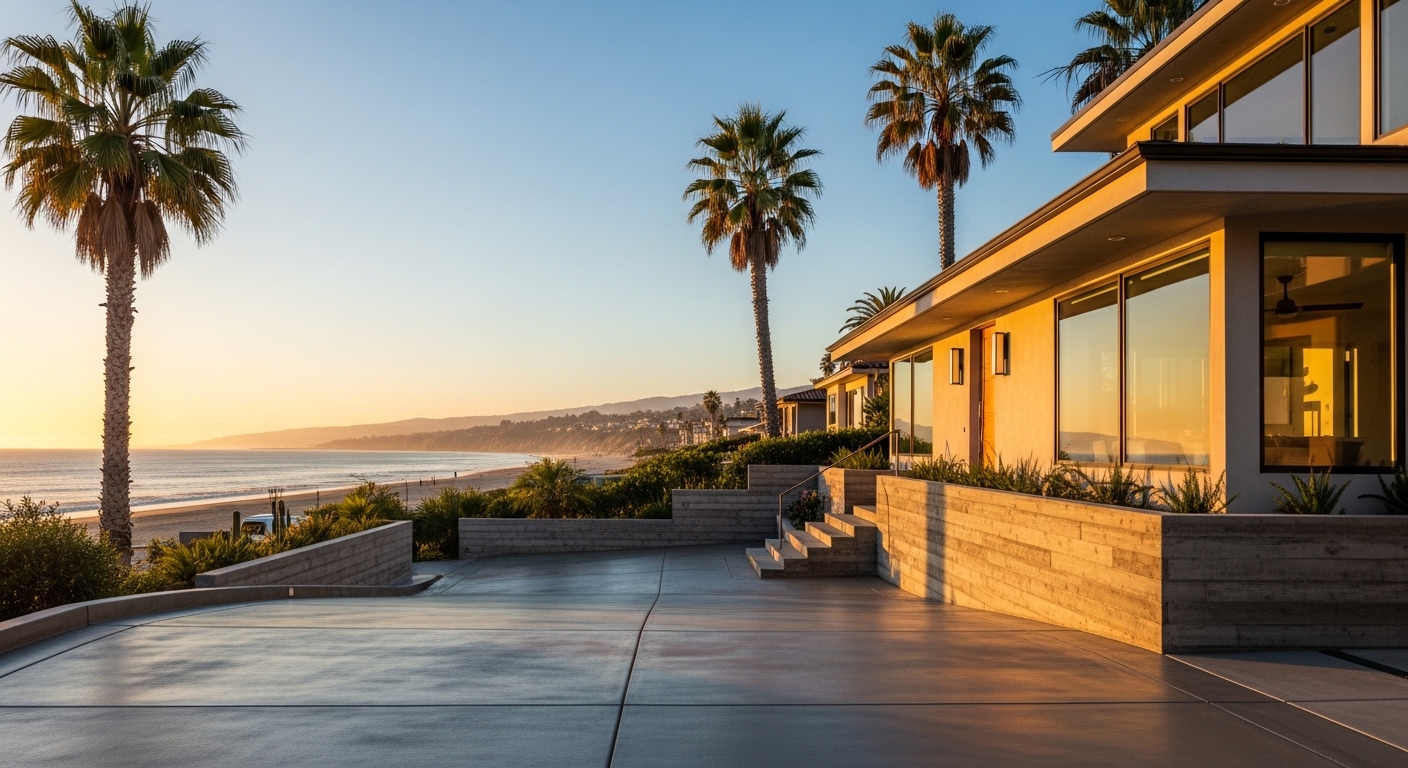 Stamped concrete driveway in Santa Monica with geometric patterns and coastal-style finishes, bordered by mature landscaping.