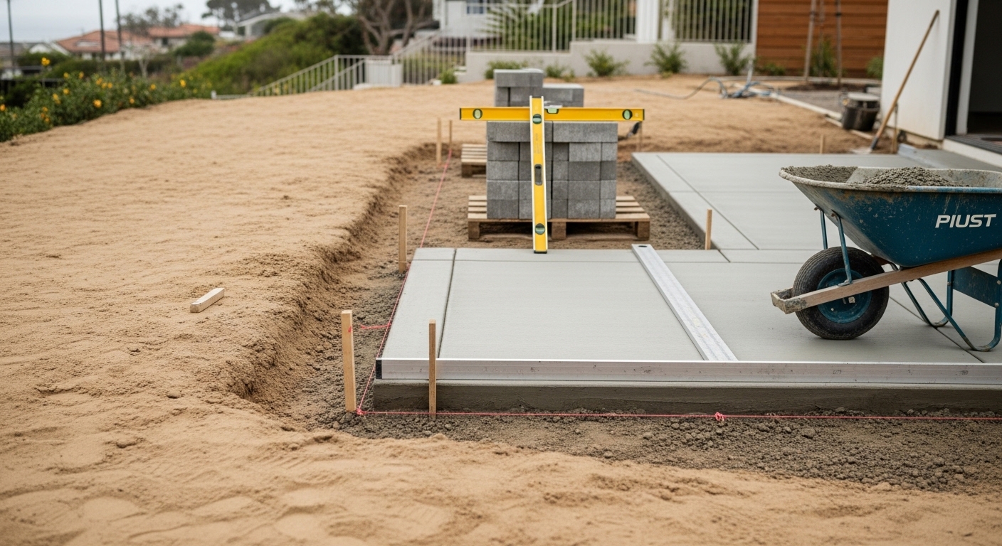 Finished concrete and paver hardscape installation at a Santa Monica residential property, showing a patio and walkway with clean edges and proper drainage grading. Coastal-style home exterior visible in the background.