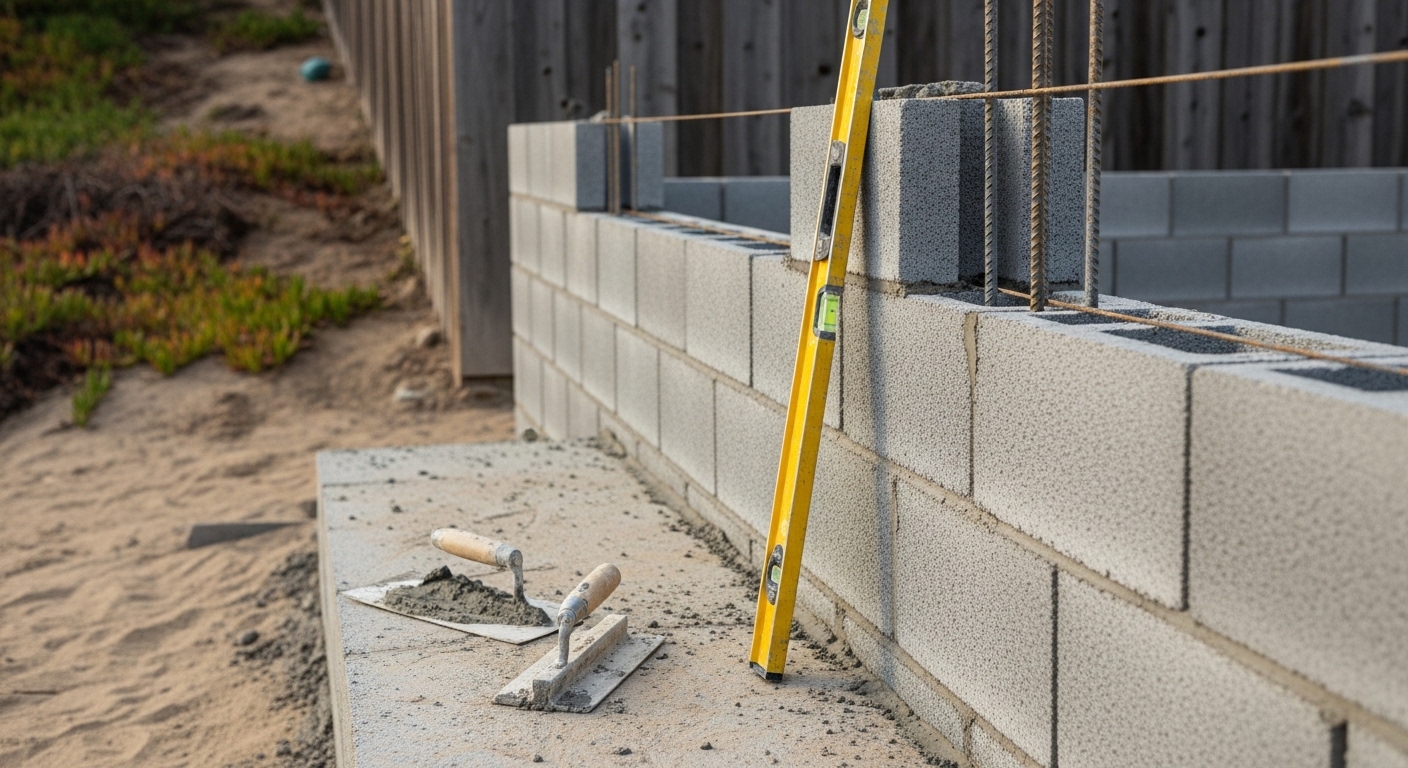 A finished reinforced concrete block wall along the rear property line of a Santa Monica residential yard, with clean mortar joints and a level cap course. The wall separates a landscaped backyard from an adjacent lot under a clear Southern California sky.