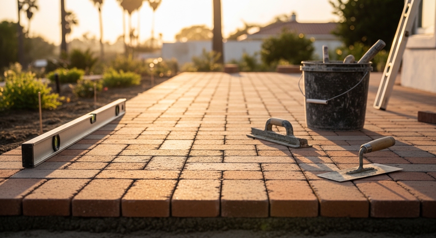 A freshly laid brick retaining wall and walkway at a residential property in Santa Monica, California. Clean mortar joints and uniform brick coursing run alongside a landscaped yard under bright coastal light.