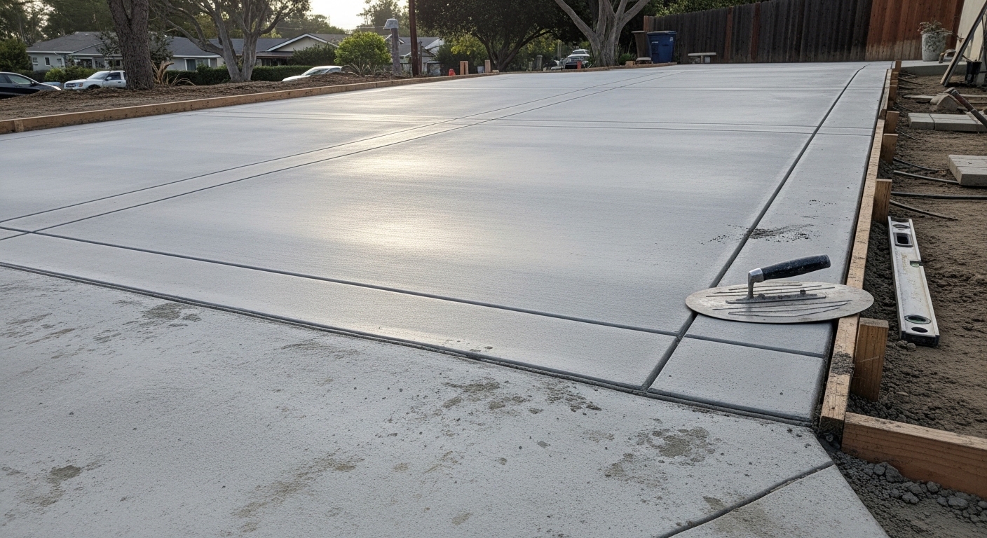 Freshly poured and finished concrete driveway at a single-family home in Santa Monica, California. Smooth gray surface with clean edges leads from the street to a residential garage.