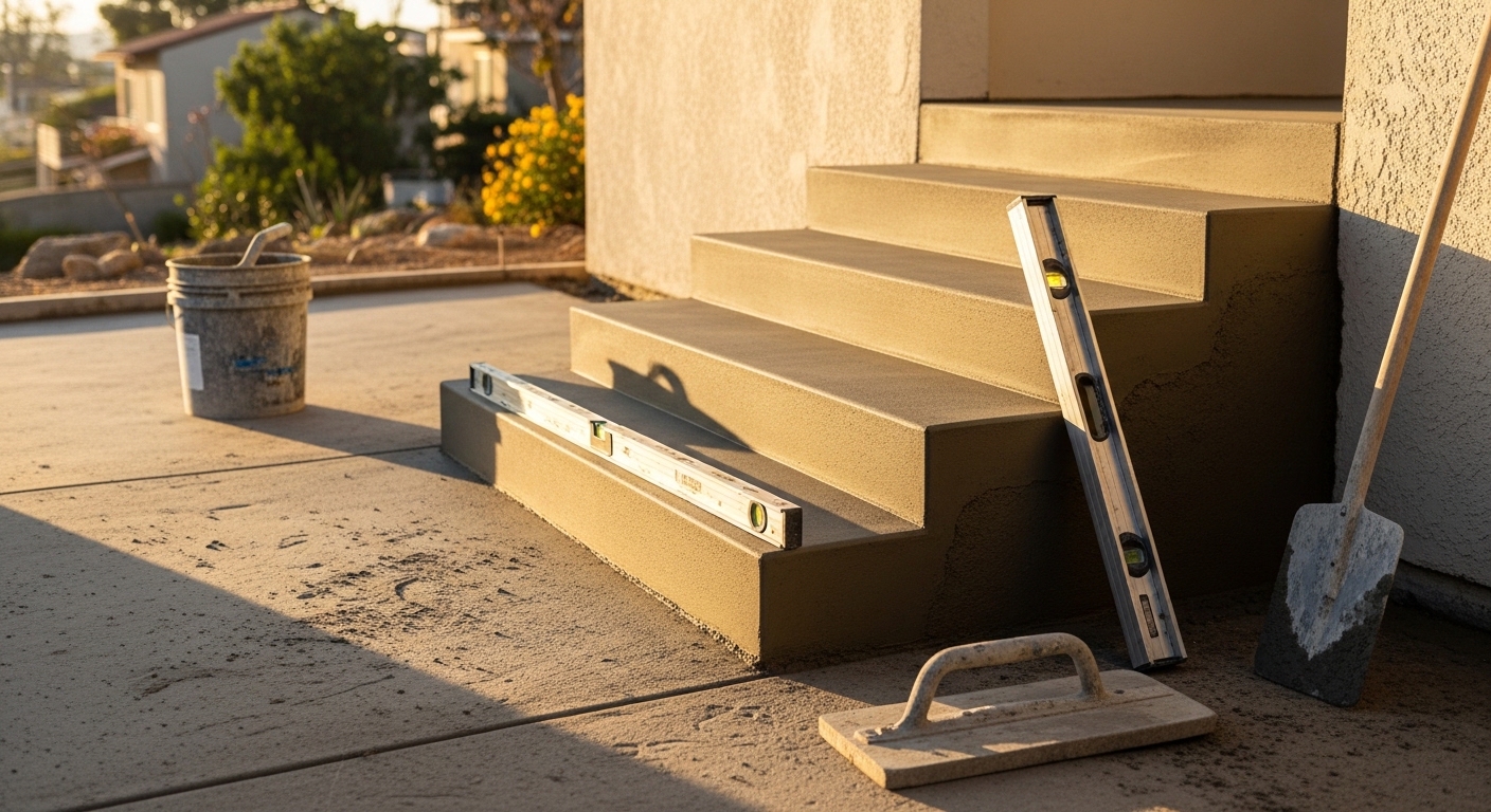 Newly poured and broom-finished concrete front entry steps at a residential property in Santa Monica, California. The steps show clean edges, uniform risers, and a textured surface leading to a home's front door.