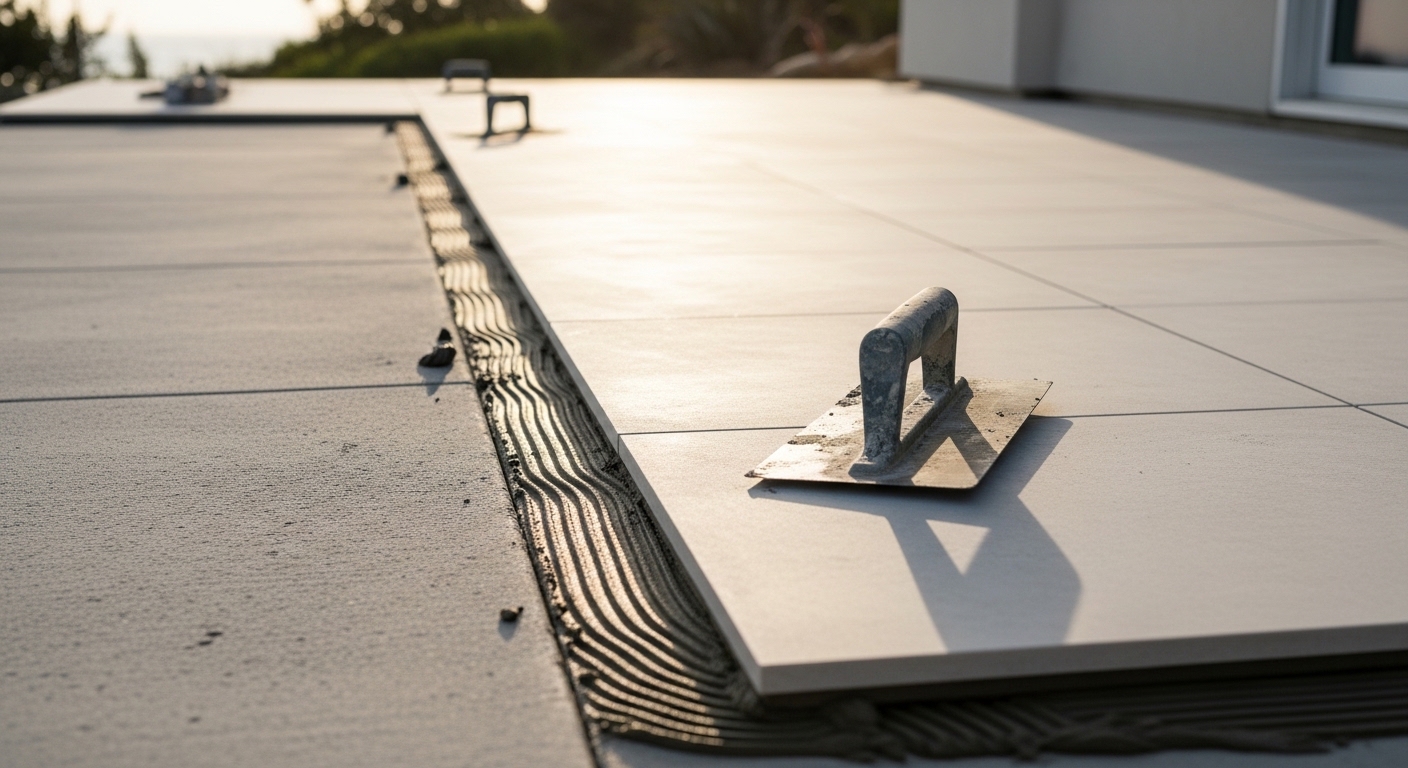 Freshly installed exterior tile on a Santa Monica residential patio, showing clean grout lines and a smooth, level surface suited for coastal outdoor use. The tile extends from the home's rear exterior wall to the edge of a concrete border, with visible slope for drainage.