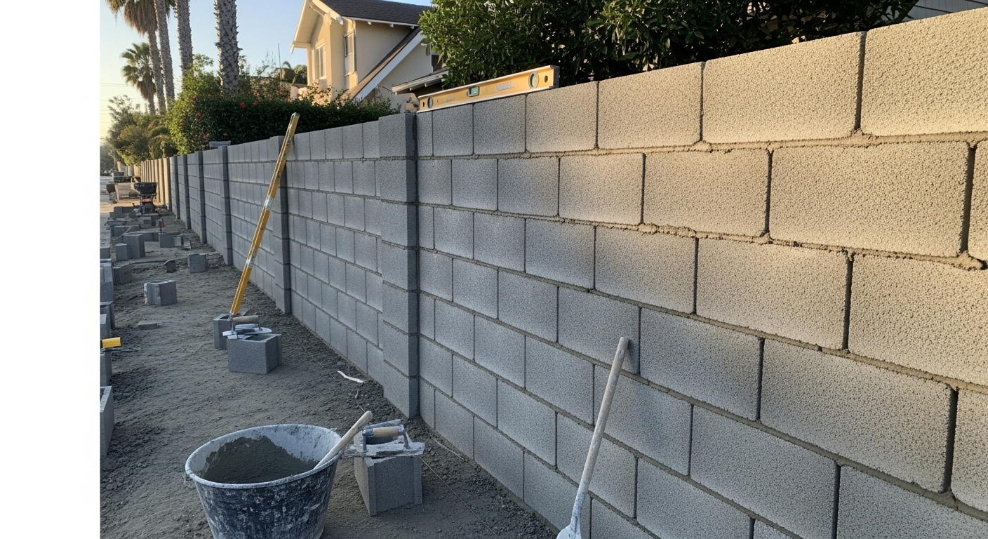 A finished concrete block masonry fence along the rear property line of a Santa Monica residential home, with clean mortar joints and a smooth cap course. The fence stands against a clear Southern California sky with a well-maintained yard visible behind it.
