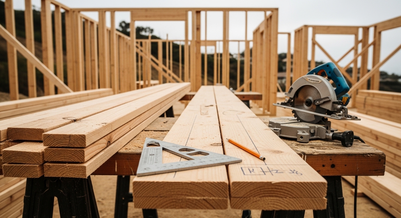 Wood framing structure in progress on a residential construction site in Santa Monica, California, showing wall studs, floor joists, and shear wall sheathing under a clear sky. A general contractor crew works on the frame of a new home addition with neighboring coastal-style houses visible in the background.