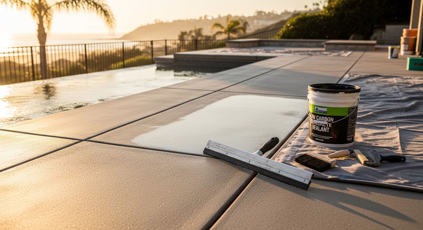 Freshly poured and finished concrete pool deck surrounding a residential swimming pool in Santa Monica, California. The surface shows a slip-resistant broom finish with clean edges and control joints visible along the perimeter.