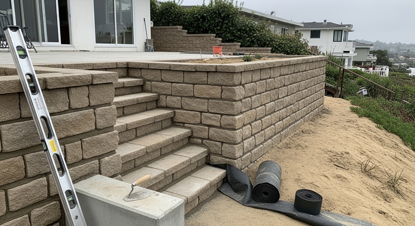 A finished masonry retaining wall on a sloped residential property in Santa Monica, with level ground created above the wall for outdoor use. The wall shows clean concrete block construction with visible drainage integration along the base.