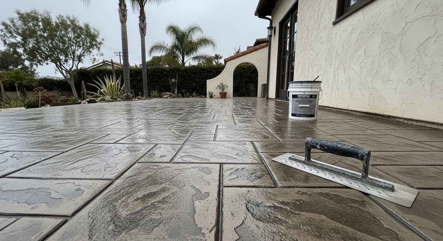 A freshly installed stamped concrete patio with a slate-pattern finish at a Santa Monica residential property. The surface shows clean texture detail and even coloring suited to an outdoor coastal living space.