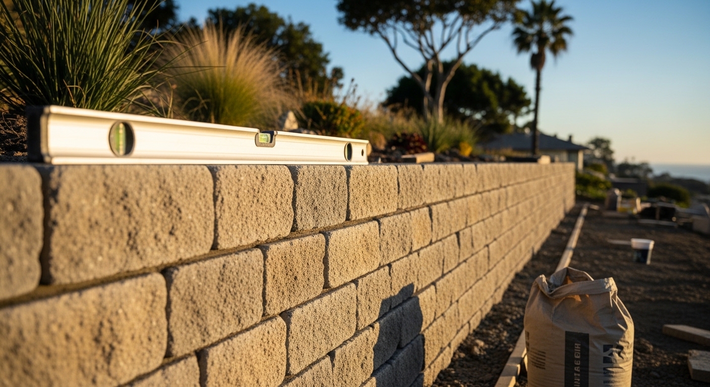 A freshly built natural stone retaining wall along a residential backyard in Santa Monica, with tight mortar joints and a level cap stone. Stone steps lead from a patio surface up to a landscaped yard area behind the wall.